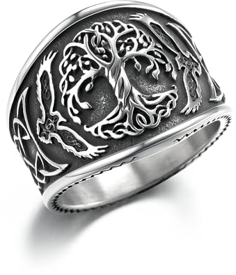 GTHIC Anelli vichinghi da uomo in acciaio inossidabile Albero della vita Anello con nodo celtico del corvo norvegese per le donne Anello con amuleto vintage regalo di gioielli, taglia 11