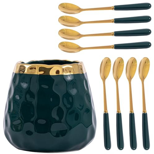 Tregoer Kaffeelöffel-Set, Keramikglas mit 8 kleinen Löffeln für Kaffee, Tee, Eis, Kuchen, Besteck-Set (Smaragdglas + 8 Löffel)