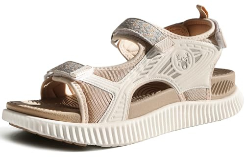 KuaiLu Womens Orthopedic Walking Sandals Comfortable Arch Support Plantar Fasciitis Relief Sport Recovery Chunky Cushion Adjustable Summer Outdoor Beach Vacation Athletic Water Shoes Beige Size 8.5