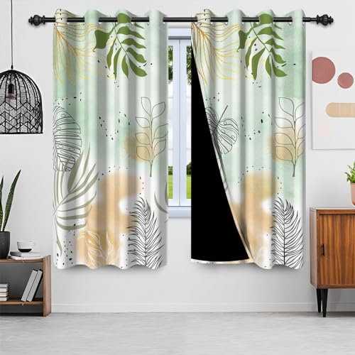 Uiiooazy Gardinen Grün, Vorhänge Abstrakt Boho Palmenblätter Tropisches Pflanzen Gardinen Blickdicht Thermovorhang Polyester Thermogardinen Verdunklungsvorhänge für Wohnzimmer Schlafzimmer 140x160cm