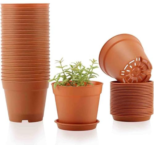 MAYFABD Anzuchttöpfe Kunststoff Blumentopf mit Untersetzer Plastik Übertopf Kräutertopf mit Mehrere Ablauflöchern Rund Pflanzkübel für Innen und Balkon Sukkulenten Kaktus,Braun,20