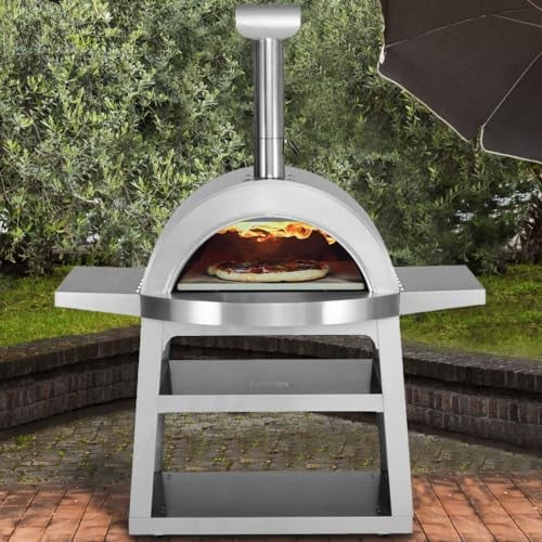BAKAJI Forno Per Pizza a Legna Modello Napoli In Acciaio Inossidabile Per Esterno Giardino o Terrazza Con Pietra In Cordierite Design Moderno Con Copertura Inclusa e Cassetto Cenere