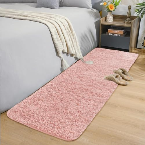 Oxford Homeware Teppiche Wohnzimmer - Flauschige rosa Flächenteppiche für Schlafzimmer, Flur Läufer Teppich 60 x 220 cm Anti-Rutsch - Moderner Superweicher Teppich, waschbare Bodenteppiche