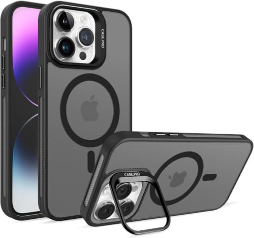 VEN-DENS Case for iPhones, Compatible with MagSafe, Built-in Camera Stand, Military Grade Shockproof Protection, Anti-Fingerprint Translucent Cover (Black, iPhone 13 Pro)