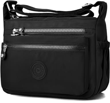Umhängetasche Damen Nylon Mittelgroß Wasserdicht Crossbody Bag mit Vielen Fächern Umhängetaschen Verstellbarer Riemen Damentaschen Tasche Damen Schwarz Messenger Shoulder Bag für Einkaufen Reisen