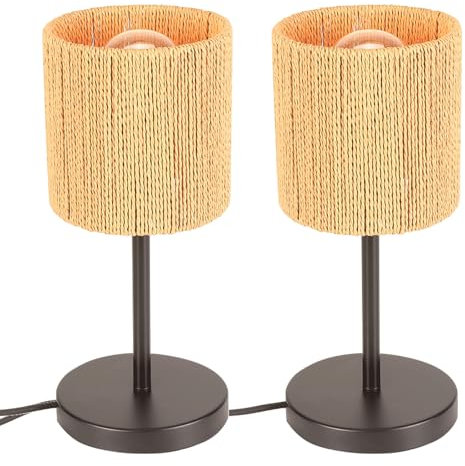 LIGKIN Lot de 2 Lampes de Table en Rotin Style Bohème - Abat-jour Vintage Éclairage De Table Veilleuse Décorative pour Chambre Bureau Lecture