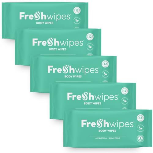 FreshWipes Antibacterial Body Wipes For Adults 5 Pack (60 Wipes) - Ocean Fresh Scent - Large Biodegradable Wet Wipes - Dermatologically Tested & Suitable for Elderly or Disabled - Great for Camping