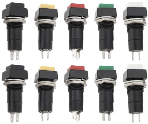 YINETTECH 10pcs 12mm Interrupteur à Bouton-poussoir Carré Momentané SPST Interrupteur à Bouton-poussoir Momentané 250V/3A pour l'électronique Automobile Noir Blanc Jaune Vert Rouge