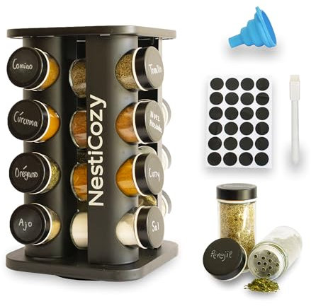 Especiero giratorio cocina negro moderno 360° con 16 botes cristal herméticos etiquetas reutilizables organizador especias compacto para encimera despensa ahorro de espacio cocina limpia elegante