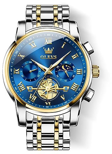 OLEVS Herren Uhren Modisches Blaues Zifferblatt Große Armbanduhren für Männer Bicolor Edelstahl Chronograph Analoge Quarzuhr Herren wasserdichte Luxus Multifunktionale Leuchtende Herrenuhren