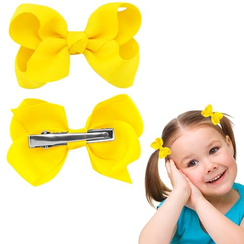 2 Haarspangen mit Schleifenband, 3 Zoll lange Haarschleife mit Pferdeschwanzhalter und Entenschnabelclip für Kinder, Mädchen, Frauen (hellgelb)