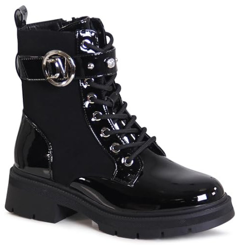 topschuhe24 3109 Damen Plateau Stiefeletten Lack Worker Biker Boots, Farbe:Schwarz Lack, Größe:37 EU