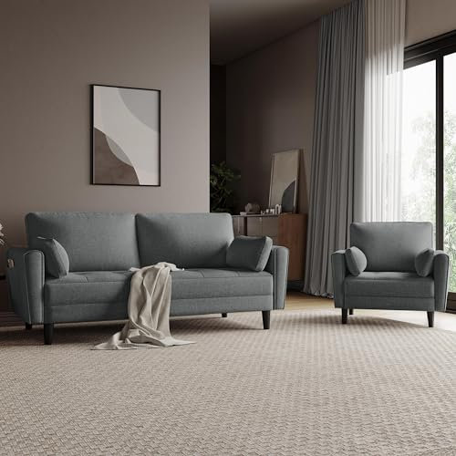 Yaheetech 1/2 Sitzer Sofa Set Polstersofa mit 2 Kissen und Armlehnen Moderne Couch aus Leinenstoff Bequemes Loveseat Sessel für Wohnzimmer/Schlafzimmer Dunkelgrau