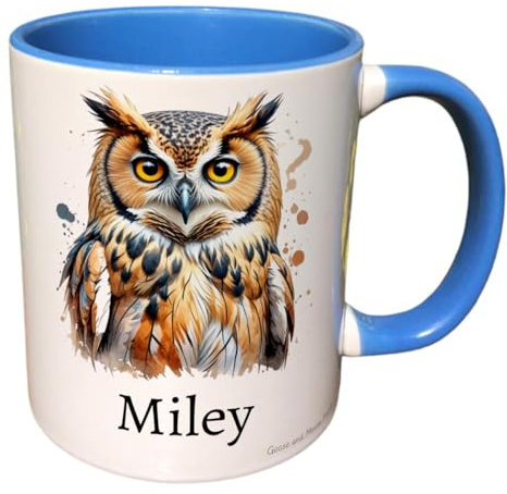 Personalised Owl Mug, Gift for Wildlife Spotter, Thank you Present for Owl Lover, Housewarming Coffee Cup, Country Kitchenware (Blue)