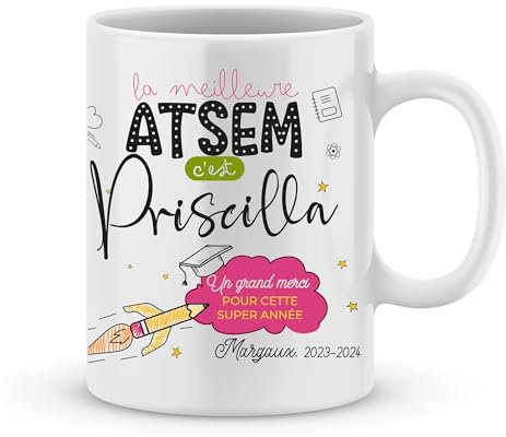 Joli Mug PMug personnalisé ATSEM avec prénom - Cadeau unique pour remercier votre ATSEM - Mug original et pratique pour la journée (Atsem 4)