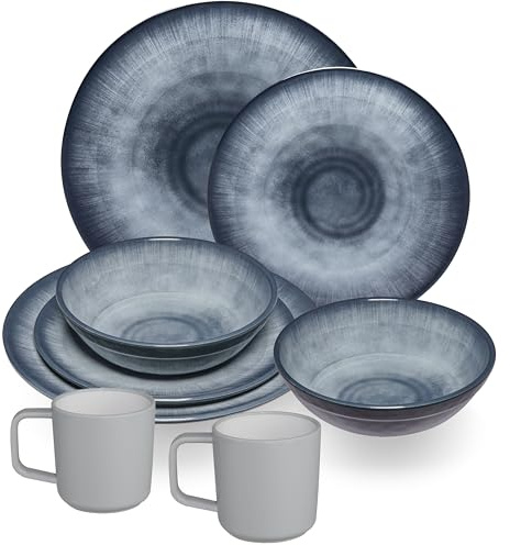 Service de table en mélamine Jesolo Gris pour 2 personnes - 8 pièces - avec tasses résistantes à 90°C en plastique ABS avec fonction antidérapante - Aspect grès émaillé Passe au lave-vaisselle