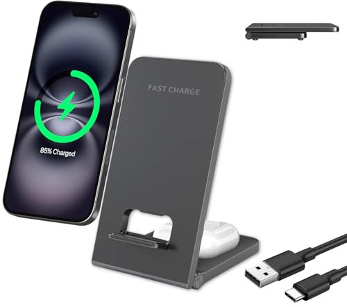 2 in 1 Faltbare Wireless Charger Stand, Qi Induktive Ladestation Kabelloses Handy Ladegerät für iPhone 16 15 14 13 12 11 Samsung Galaxy S25 Ultra S24 S23 S22 S21 S20 Google Pixel 9 Pro 8 7 AirPods 4/3