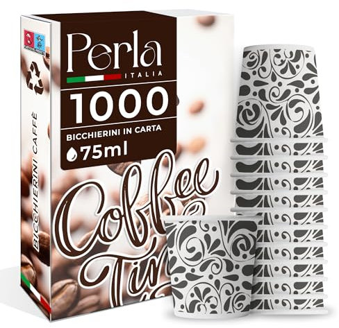 Perla - 1000 Bicchierini in Carta per Caffè 75ml - Bicchieri Caffe Monouso Floreale Grigio - Bicchierini da Caffè Usa e Getta Ecologici per Asporto