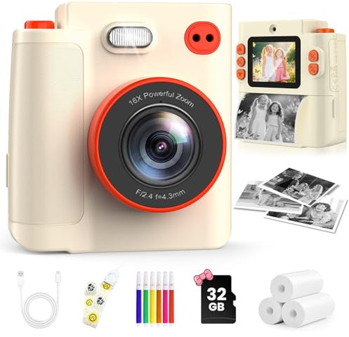 MYSTILUCK Kids Camera Instant Print, 1080P Instant Camera for Kids, Children Digital Cameras with 32GB Card & 3 Rolls Photo Paper, Christmas Birthday Gifts Toys for Boys & Girls Aged 3-12（khaki）