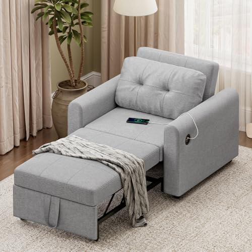 Hadibio 3 in 1 Sofa Bed, Convertible Sleeper Chair Bed with USB & Type-C Ports, Side Pocket, Pull Out Sofa Bed Linen Armchair with Adjustable Backrest for Living Room/Apartment/Small Space, Light Grey