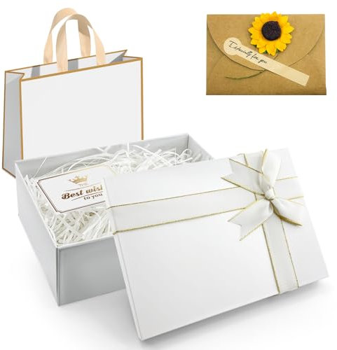 Weiß Geschenkbox mit Deckel 21.5x16x8cm,Geschenk Verpackung Box Aus Karton,mit Tragetaschen,Schleife,Schöne Grußkarte und Bast,Weiß Geschenkschachtel für Hochzeiten,Weihnachten,Geburtstage