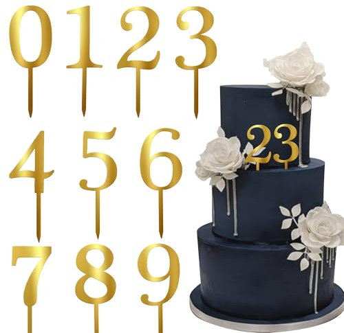 Xsstarmi 10 Pack 0-9 Numbers Cake Topper Gold Acrylic Numbers Cake Pick for Baby Shower Happy Birthday Anniversary Party Cake Decorations Supplies