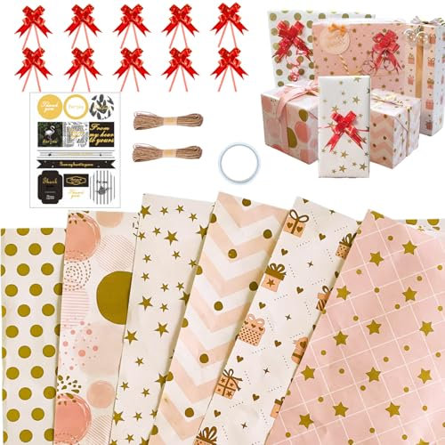 Papier Cadeau Anniversaire d'emballage avec Étiqueter et Ficelle Kraft Recyclable Papier Cadeau Feuille Wrapping Paper Happy Birthday Enfant Garçon Fille Femme Homme