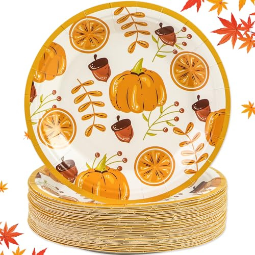 EVYIENEN 50 Pack Fall Pumpkins Paper Plates, 7 Inch Disposable Fall Maple Leaf Paper Dinner Party Plates for Birthday Holiday Family Gatherings Parties