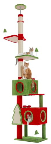 PAWZ Road Christmas Floor to Ceiling Cat Tree, Tall Cat Tower | Height Adjustable 231-274cm, Cat Tree with 2 Large Condos, Sisal Scratching Posts and Detachable Cat Toys for Indoor Cats