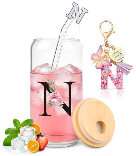 TUZELIYA N Lettera Tazza in vetro con coperchio e cannuccia, regali personalizzati per donne per compleanno, Natale, San Valentino