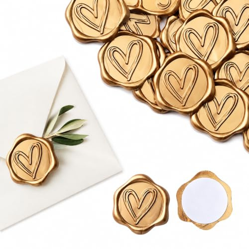Oiieco Antike Bronze Wachssiegel Selbstklebend Herz, 50 Stück Siegelaufkleber Wachssiegel Vintage Für Umschläge, Einladung Hochzeit und Partys, Wachssiegel Aufkleber Ohne Wachs Und Ohne Stempel, 3 Cm