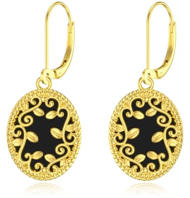 925 Sterling Silber Schwarze Onyx Ohrringe Gelbgold Vergoldet Filigrane Leverback Ohrstecker Schmuck Geburtstag Weihnachten Geschenke für Damen