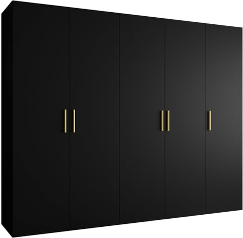 MEBLE KRYSPOL - Kleiderschrank - Garderobenschrank - 250 cm x 202 x 52 cm - Schrank mit Kleiderstange, 5 Türen - für Schlafzimmer, Flur - BARI, Schwarz, Griff Gold
