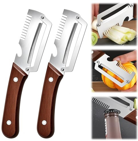 Multifunctional Vegetable Peeler, 3-in-1 Vegetable Peeler & Julienne Peeler & Bottle Opener, Stainless Steel Kitchen Tool with Wooden Handle for Potato, Apple, Fruit & Vegetable (2PCS)