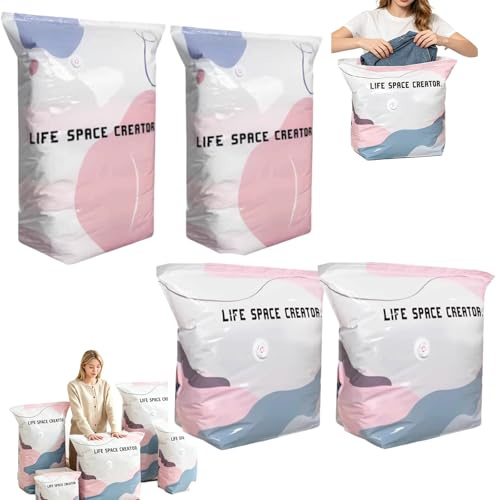 No‑Pump Vacuum Storage Bags, Vakuumbeutel Ohne Pumpe, Vakuum-Aufbewahrungsbeutel, Wiederverwendbar Kompressionsbeutel, Vertikaler Platzsparender Vakuumbeutel für Kleidung (4 Pack,M+L)