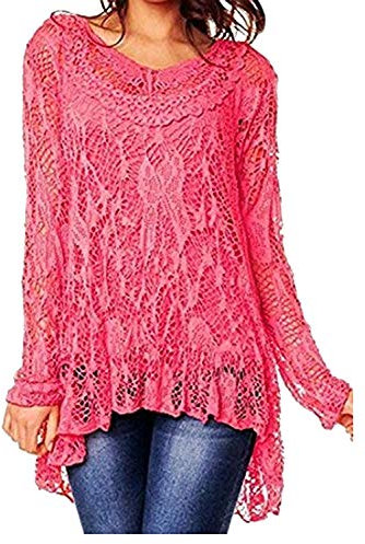 Summer Holiday Dip Hem Crochet Mesh Tunic Plus Size Vest Twin Top Lagenlook Lace Tunic Long Sleeve Dress R33 Celebmodelook ® Fuchsia