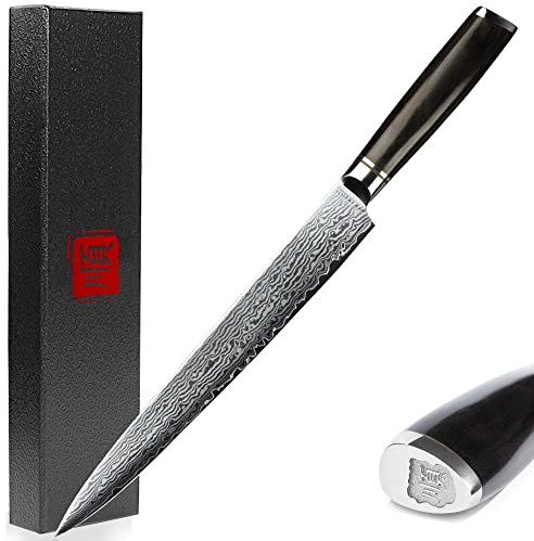 Sunlong Cuchillo para filete de pescado,sashimi,10 acero inoxidable súper acero japonés de 67 capas, cuchillo para trinchar derecho, vaina de madera de nogal, bolsa de cuchilla de franela