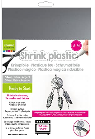 Vaessen Creative AR3-109 Schrumpffolie A4, Silber, 4 Stück, Shrink Plastic, Schrumpfende Plastikfolie zum Basteln von Schmuck, Schlüsselanhängern, Knöpfen und Weiteren Bastelideen