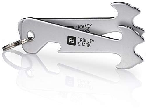 FABACH 2 TROLLEY SHARK Einkaufswagenlöser Schlüsselanhänger - Abziehbarer Einkaufswagenchip, Einkaufschip für Einkaufswagen aus Edelstahl/Metall - Kein Steckenbleiben im Pfandschloss