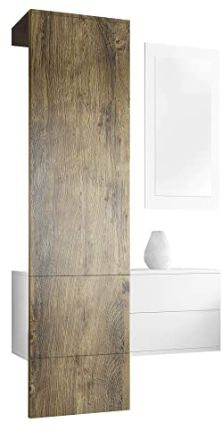 Vladon Garderobe Carlton Set 2, Made in Germany, Garderobenset bestehend aus 1 Garderobenpaneel, 1 Schubkastenschrank und 1 Wandspiegel, Weiß matt/Eiche Ribbeck (105 x 193 x 35 cm)