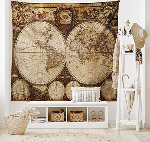 ABAKUHAUS Weltkarte Wandteppich, Historische alte Atlas aus Weiches Mikrofaser Stoff Waschbar ohne Verblassen Digitaldruck, 150 x 110 cm, Brau Beige