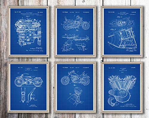 Motorbike Gift Prints Motorcycle Gift Patent Posters Set of 6 Biker Posters Motorcycle Wall Art Motorbike Art Motorcycle Art WB302-WB307 (61cm x 91cm, Blueprint)