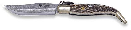 Expósito Navaja colección replica 1900 hoja de acero VG-10 de 9 cm y cachas de asta de ciervo con latón AVG/1902-CV artesanal clásica de Albacete. Original y única + Portabotellas regalo