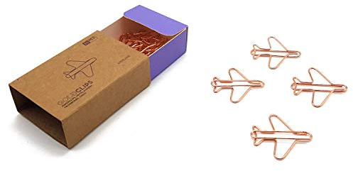 DESIGNMANUFAKTUR BERLIN GOLDCLIPS niedliche süße Deko Clips Büroklammern Heftklammern Lesezeichen Paperclip rose vergoldet in schöner Verpackung, Motiv Flugzeug/Airplane