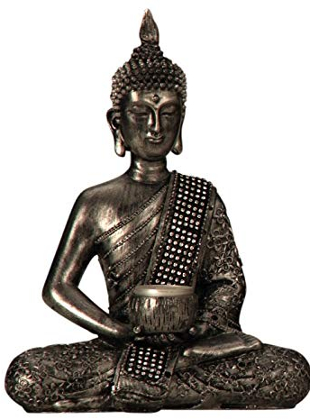 Mel-O-Design Stylischer Buddha mit Teelichthalter Höhe 26 cm in Bronze oder Silber (Silber)