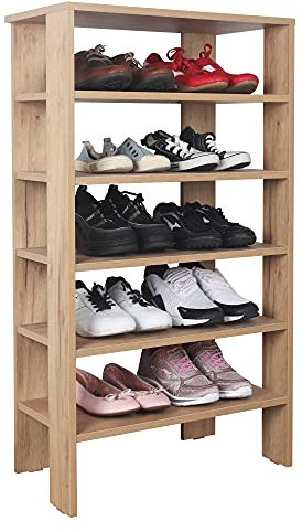 RICOO Schuhregal schmal und hoch 105x55x32cm Standregal Pressholz Eiche Braun WM041-EG, Schuhständer mit 6 Ebenen, Schuhschrank offen, Schuhablagen Flur Shoe Rack, Schuhablage klein, Schuhregale