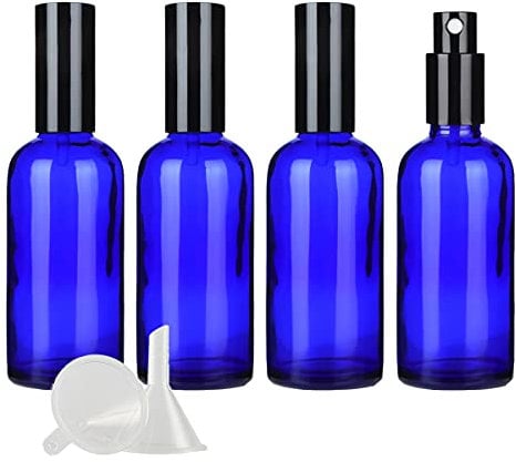 ZEOABSY 4 Pcs 100ml Empty Blue Glass with Fine Mist Spray Bottles Travel Portable Small Refillable Sprayer Bottles with Black Pump Head for Cosmetic Perfume Containers, with 1x Funnel