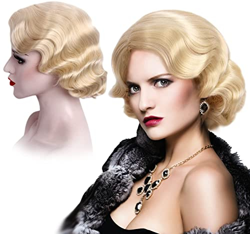 MEDISIFA Blonde 1920er-Perücke für Frauen, kurze Finger, gewellt, Partyperücke, Kunsthaar, Vintage-Stil, Perücke für Damen, Cosplay, Kostüm, Fasching, 20er Jahre Flapperperperücke