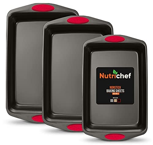 NutriChef 3-Piece Baking Pan Set - PFOA, PFOS, PTFE Free Flexible Nonstick Black Coating Carbon Steel Bakeware - Professional Home Kitchen Bake Cookie Sheet Stackable Tray w/Red Silicone Handles
