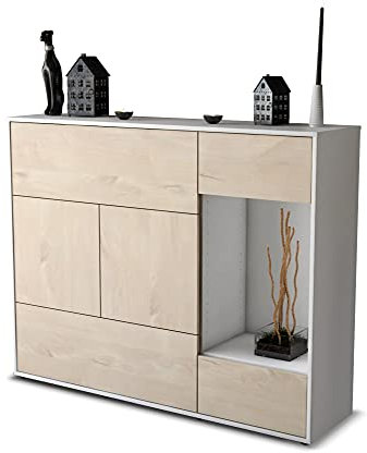 Stil.Zeit Highboard Kommode Violetta, Korpus Weiss matt, Front Holz-Design Zeder (136x108x35cm), Push-to-Open Technik & Leichtlaufschienen